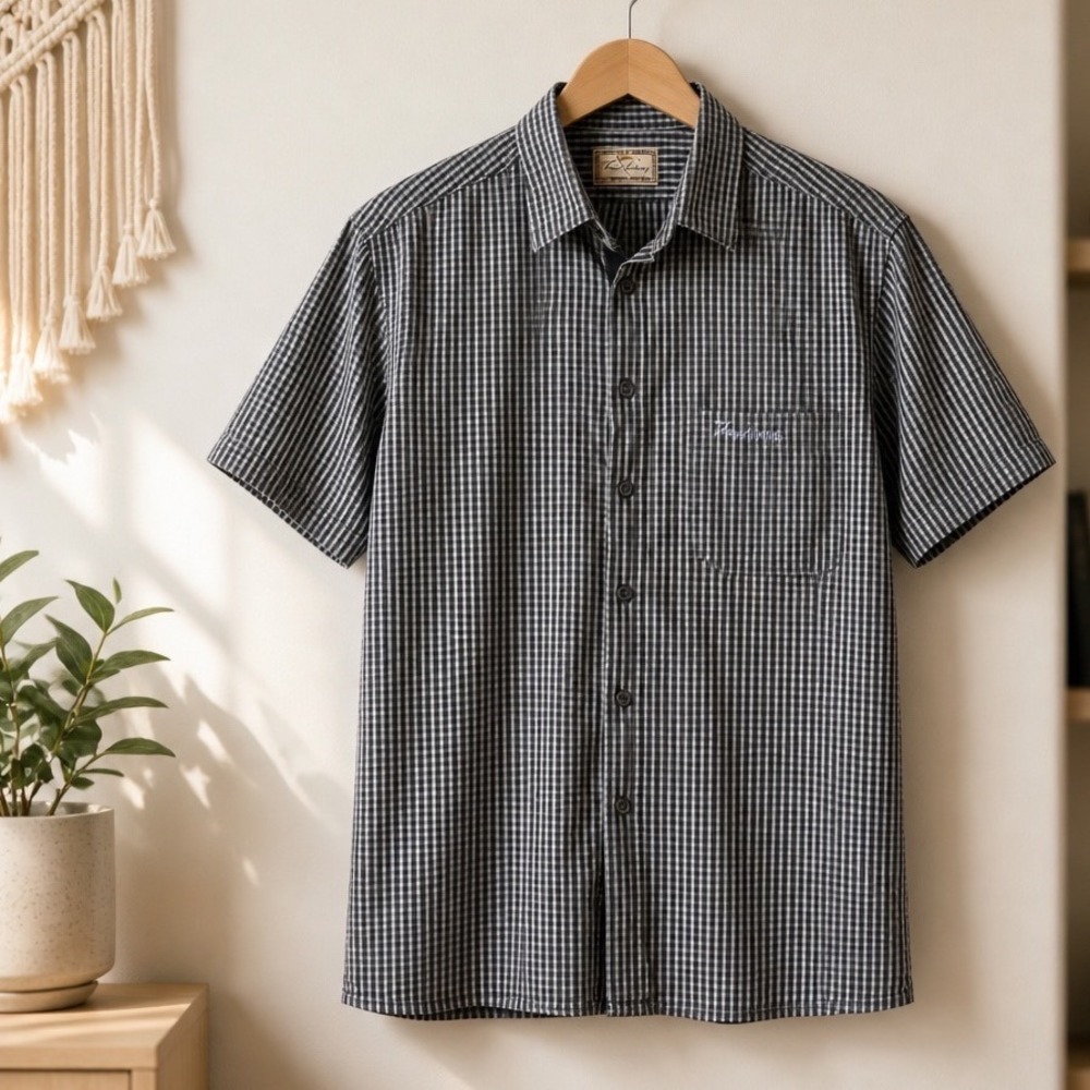 VTG Thomas Burberry Mens Eclectic Gingham Check Short Sleeve Button Down Shirt L